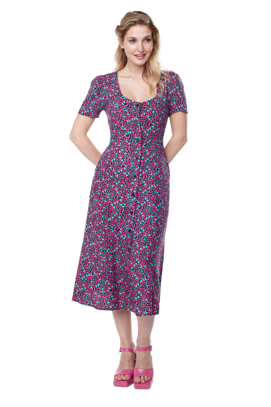 ANNIE 50 - ROBE ROSÉE DU SOIR - FLEURS ROSE - PÉ23